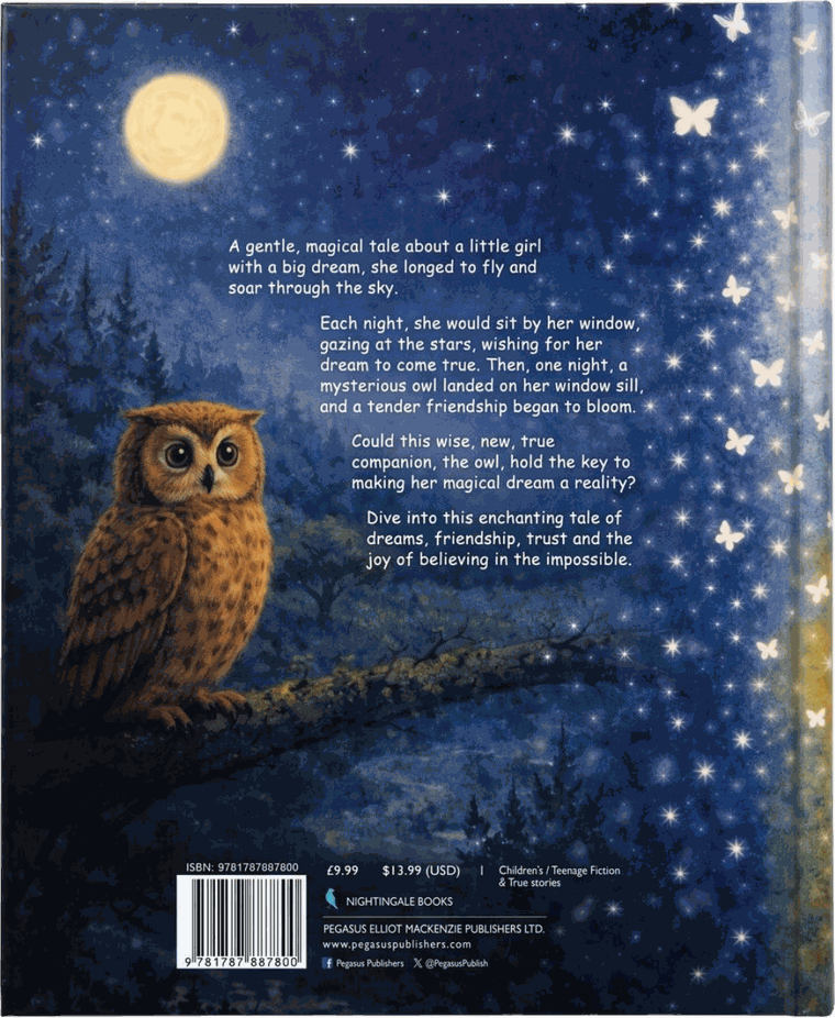 Back cover of The Girl Who Wanted to Fly: an owl perched on a branch beneath a full moon, surrounded by stars and glowing butterflies
