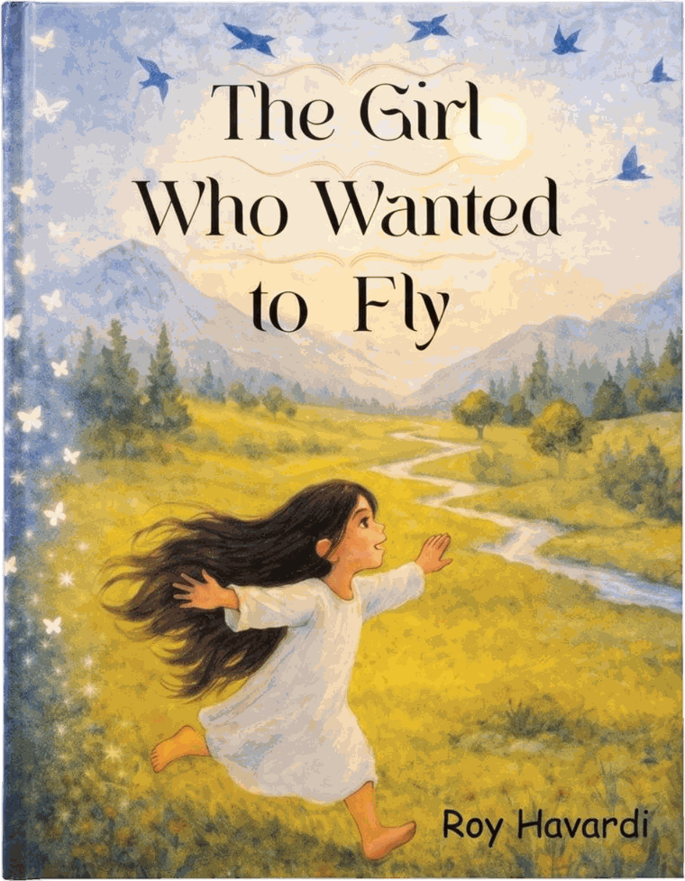 Front cover of The Girl Who Wanted to Fly: a girl in a white dress running through a golden meadow toward blue birds in the sky