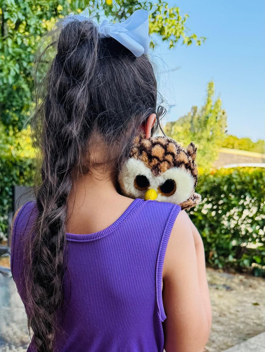 A little girl with a long braid and a white bow, a fluffy toy owl perched on her shoulder, gazing at the garden